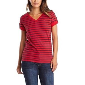 Nautica Women's Red and ble Striped Tee